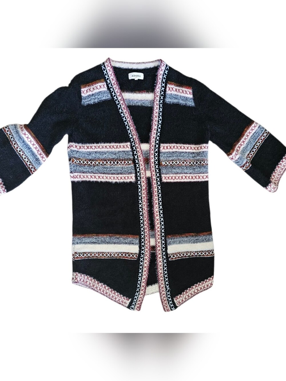 ADORA Black Open-Front Long Cardigan with Multicolor Stripe Trim Size Medium